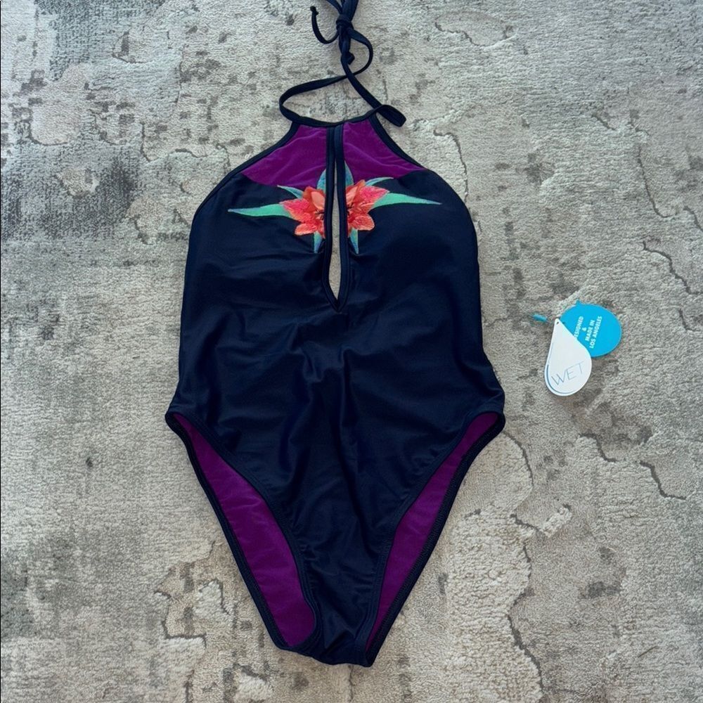 Black and Purple One Piece with Racerback and High-Cut Legs